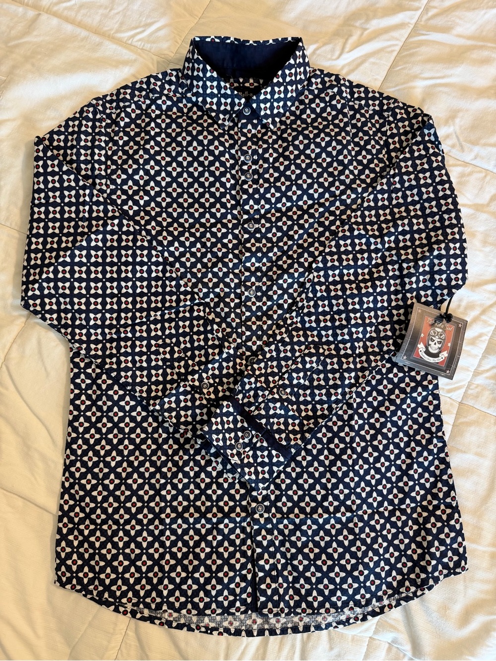 Rock Roll n Soul Men's Long Sleeve Geometric Blue/White/Red Button-Up Shirt. S